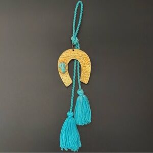 Hammered Brass & Turquoise Horse Shoe Boho Decorative Wall Hanging